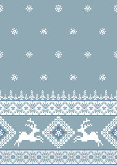 Cozy winter pattern featuring reindeer and snowflakes in blue tones