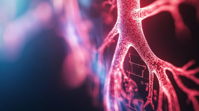 Vivid 3D illustration displays detailed structures of lungs, emphasizing bronchi and alveoli, surrounded by glowing annotations on a dark backdrop