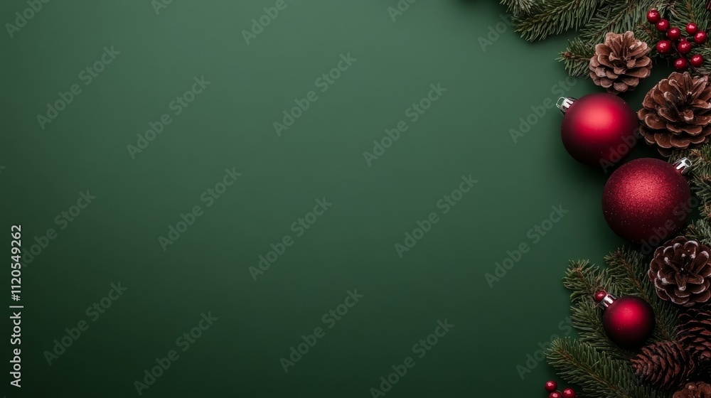 Aufkleber decorative baubles and pinecones are beautifully arranged on a rich green surface, creating a festiv