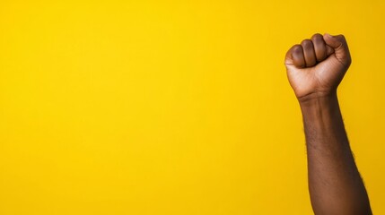 A powerful fist is raised boldly against a bright yellow background, embodying resilience and the strength of individuality while leaving ample space for text