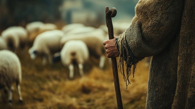 hand of a shepherd holding a staff, sheep grazing in the background, generative ai