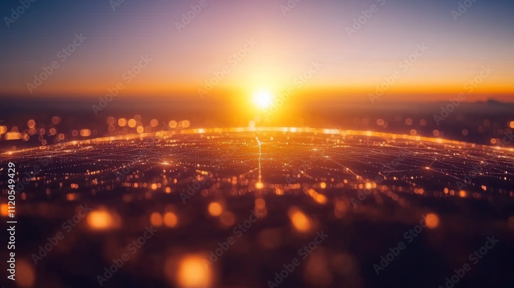 Poster A glowing globe surrounded by a network of illuminated lines and points, representing a futuristic global communication system during sunrise