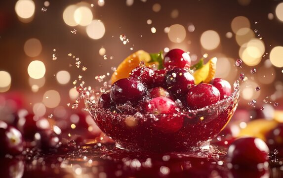 Hovering cranberry sauce splashes and orange zest with festive lights
