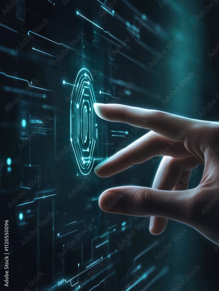 Poster closeup digital finger biometric sensor verifying user granting access to system. modern futuristic 