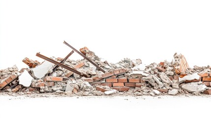 Side view photograph of broken bricks, iron bars and rock fragments on a clean white background.