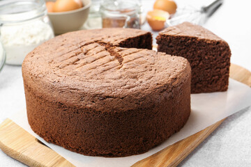 Cut chocolate sponge cake on light table, closeup