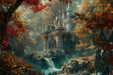A dreamy fairy tale castle surrounded by a vibrant enchanted forest