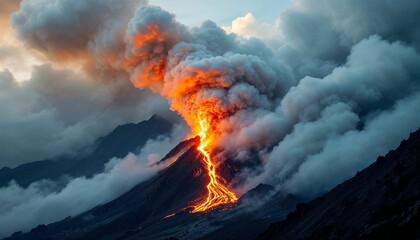Fototapeta premium A volcanic eruption with lava flow, smoke, and ash cascading down a fiery mountainside.