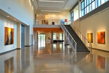 Elegant hall with high ceilings, modern artwork, and a minimalist staircase that leads to a mezzanine floor