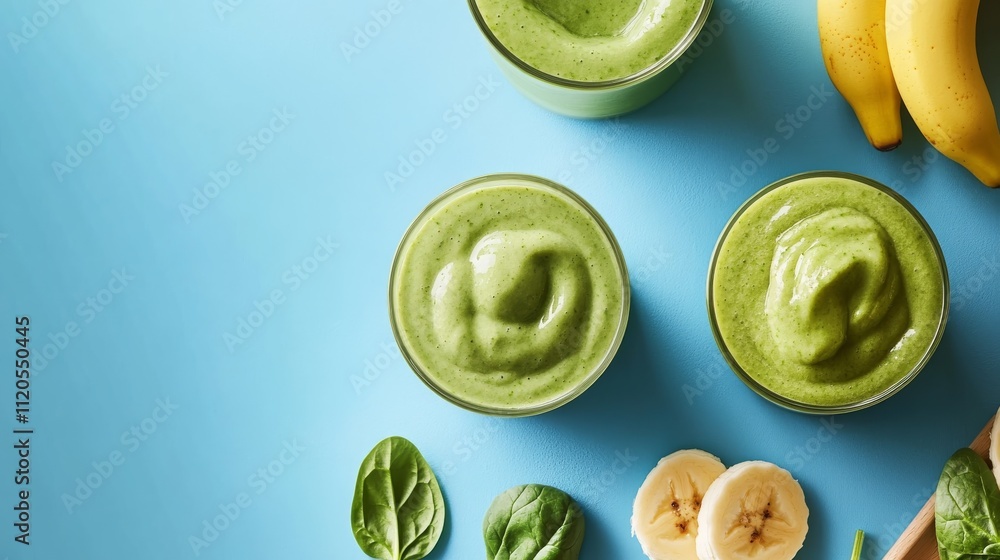 Poster a vibrant green smoothie flows into a glass, surrounded by fresh spinach and banana slices, displaye
