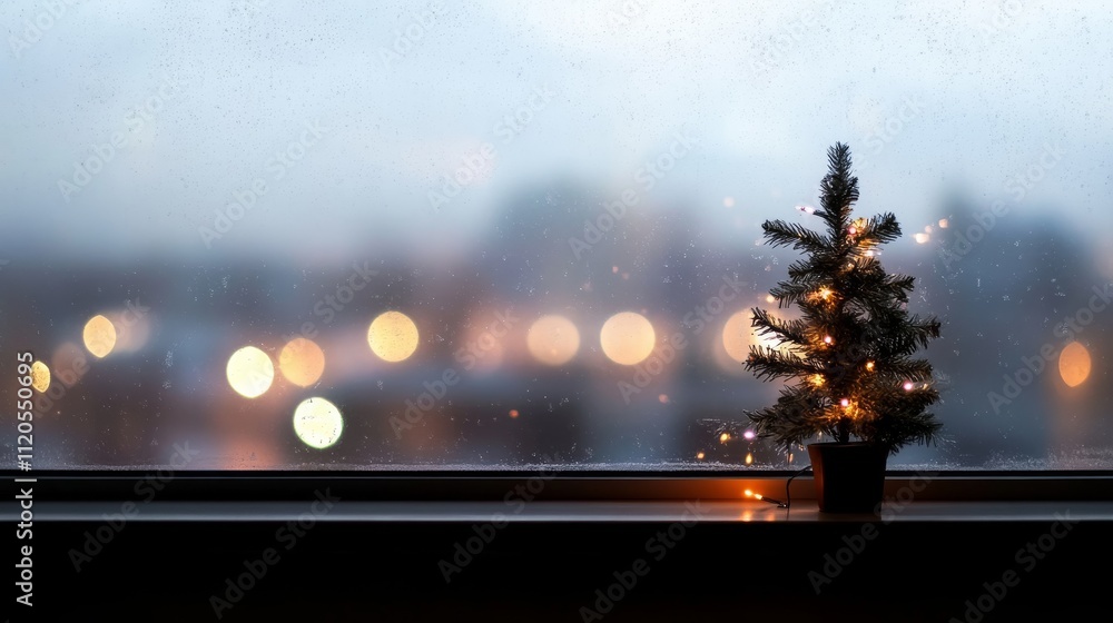 Aufkleber a small, beautifully decorated christmas tree sits on a windowsill while soft snowflakes fall outsid
