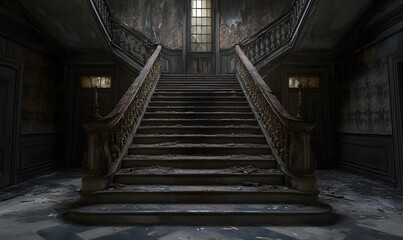 The grand staircase of the abandoned mansion, with peeling wallpaper and faded grandeur