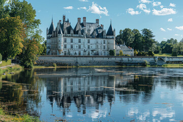 Fototapeta premium A European castle on a riverside with a reflection shimmering in the water