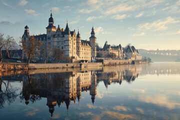 Obraz premium A European castle on a riverside with a reflection shimmering in the water