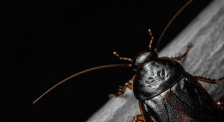 Close-up of a shiny black beetle with detailed texture on its body and long antennae, set against a dark background, AI
