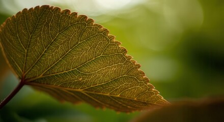 Close-up of a single green leaf with intricate vein patterns, illuminated by soft natural light. The blurred green background enhances the organic and serene atmosphere, AI