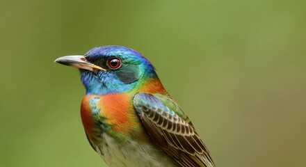 Fototapeta premium Colorful bird with vibrant plumage featuring blue, green, orange, and red hues perched on a branch, AI