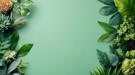 Fototapeta premium Fresh Green Leaves and Succulent Plants Border on a Calm Background for Natural Designs and Eco Themes