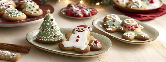 Fototapeta premium A table of decorated gingerbread cookies in the shape and color scheme of Christmas trees, snowmen, reindeer, marshmallows, chocolate chips, cinnamon sticks, and other decorations