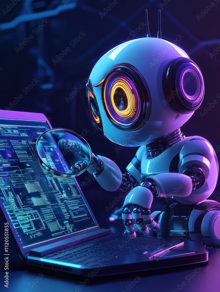 Poster developers, robot work at laptop with magnifier. industrial cybersecurity, industrial robotics malwa