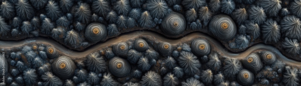 Aufkleber abstract landscape featuring concentric circles and treelike forms
