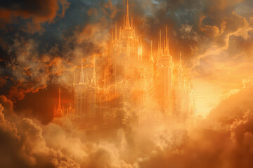 Fototapeta premium A fantasy castle being constructed by magical creatures, glowing under a mystical sky