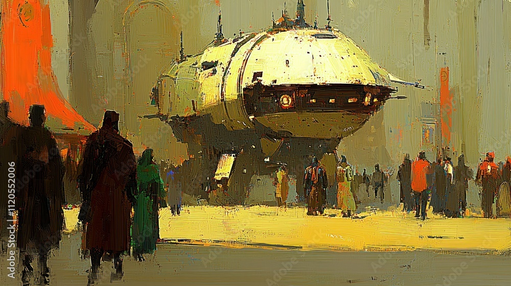 Poster futuristic scene with a large spacecraft and crowd.