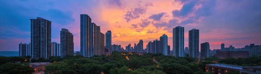 City Skyline Sunset Dramatic Skyscrapers Illumination