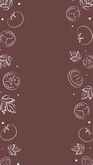 Vector illustration. Juicy summer background with copy space for text. Pattern of halves, slices and leaves of tomatoes. Sketch style. Hand drawn kitchen ingredients pattern for culinary themes.