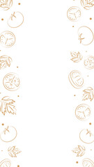 Vector illustration. Juicy summer background with copy space for text. Pattern of halves, slices and leaves of tomatoes. Sketch style. Hand drawn kitchen ingredients pattern for culinary themes.