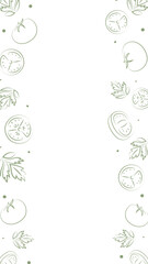 Vector illustration. Juicy summer background with copy space for text. Pattern of halves, slices and leaves of tomatoes. Sketch style. Hand drawn kitchen ingredients pattern for culinary themes.