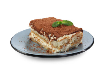 Piece of tasty tiramisu with fresh mint isolated on white