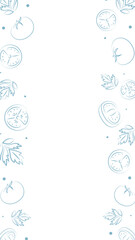 Vector illustration. Juicy summer background with copy space for text. Pattern of halves, slices and leaves of tomatoes. Sketch style. Hand drawn kitchen ingredients pattern for culinary themes.