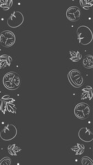 Vector illustration. Juicy summer background with copy space for text. Pattern of halves, slices and leaves of tomatoes. Sketch style. Hand drawn kitchen ingredients pattern for culinary themes.