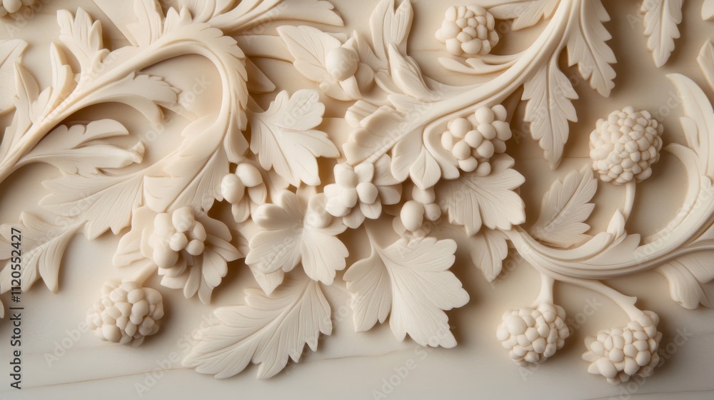 Aufkleber close-up view of a decorative marble panel with detailed white floral carvings. soft natural light h