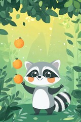 Naklejka premium A mischievous raccoon juggling fruits under a glowing canopy of trees, colors popping against a lush green background.