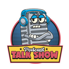 Vector Illustration of Microphone Mascot Wearing Headphone with Retro Mascot Illustration Available for Logo Badge