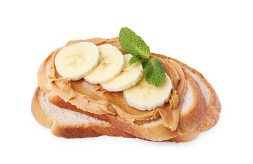 Tasty sandwich with peanut butter, banana and mint isolated on white