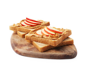Tasty sandwiches with peanut butter and apple isolated on white