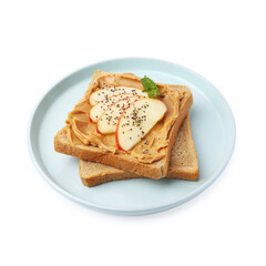 Tasty sandwich with peanut butter, apple, chia seeds and mint isolated on white