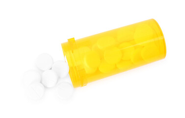 Antibiotic pills with medical jar isolated on white, top view