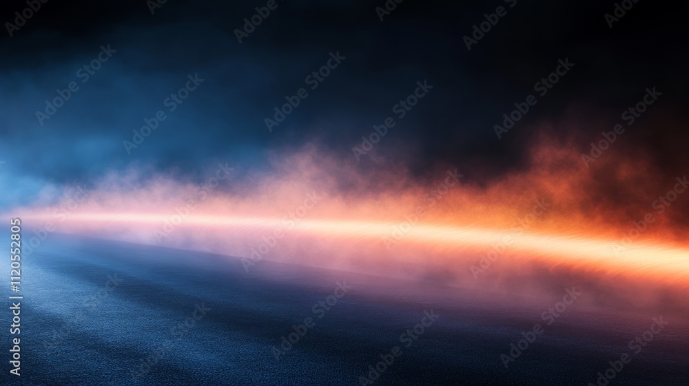 Poster close-up shot reveals luminous pink and orange beams crossing a rich blue background, generating a s