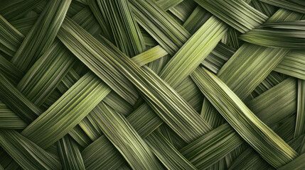Seamless texture of tropical palm leaves overlapping in woven pattern, showcasing various shades of green. This natural design evokes sense of tranquility and connection to nature