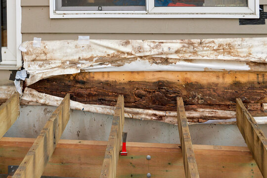 Removed Deck Ledger Board Reveals Dry Rotten Rim Joist Board with Extensive Damage on House