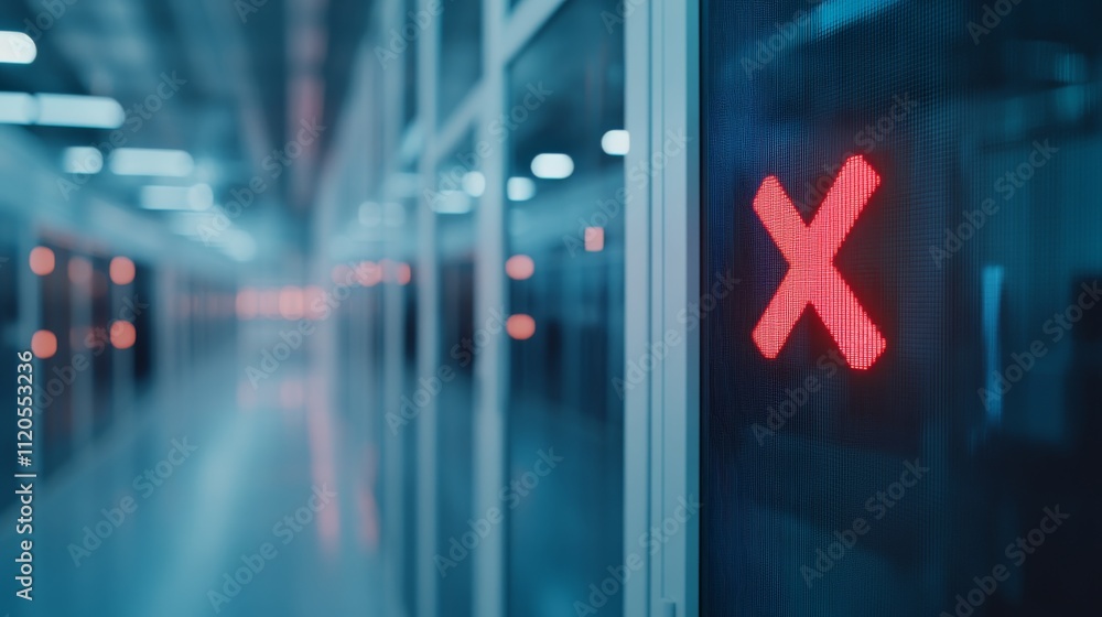 Poster Close-up of a digital hologram featuring a glowing red X mark on a transparent screen, surrounded by a soft blue and white backdrop for a modern look