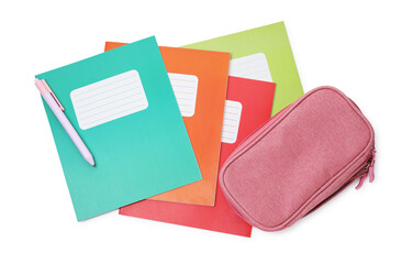 Colorful copybooks, pencil case and pen isolated on white, top view. School stationery