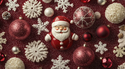 Festive ornaments including Santa figurine, red and gold baubles, and snowflakes create joyful holiday atmosphere. Perfect for Christmas celebrations and decorations