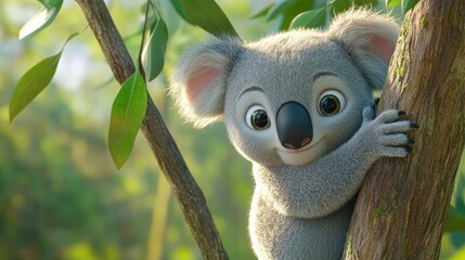 Fototapeta premium Adorable Koala Cub Clinging To A Tree Branch