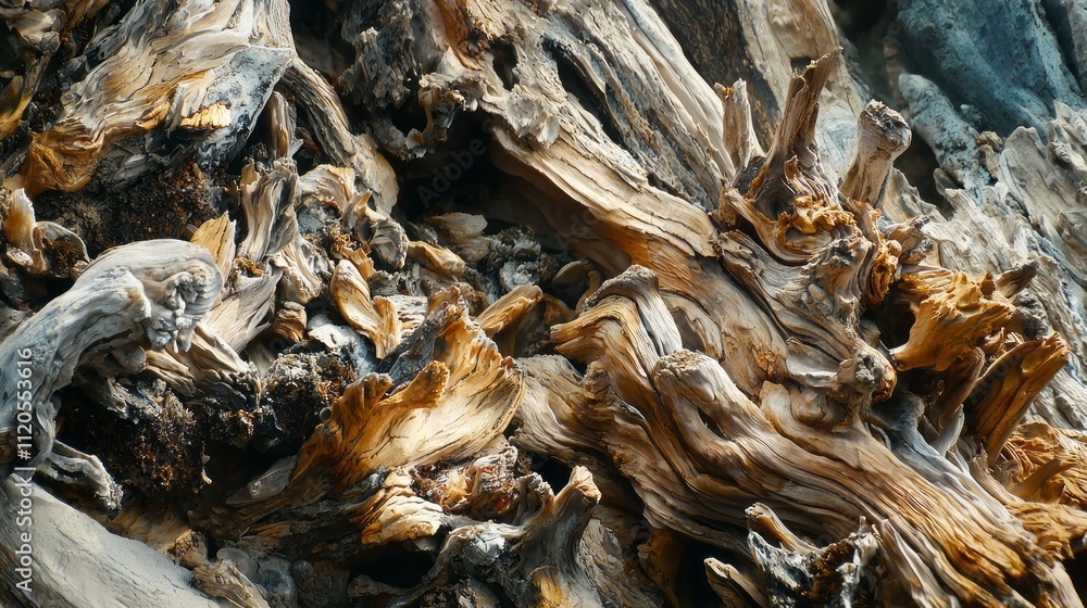 Poster the close-up reveals the complex textures and patterns of weathered wood, showcasing a palette of ea
