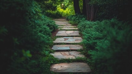 Stone pathway winds through lush green foliage